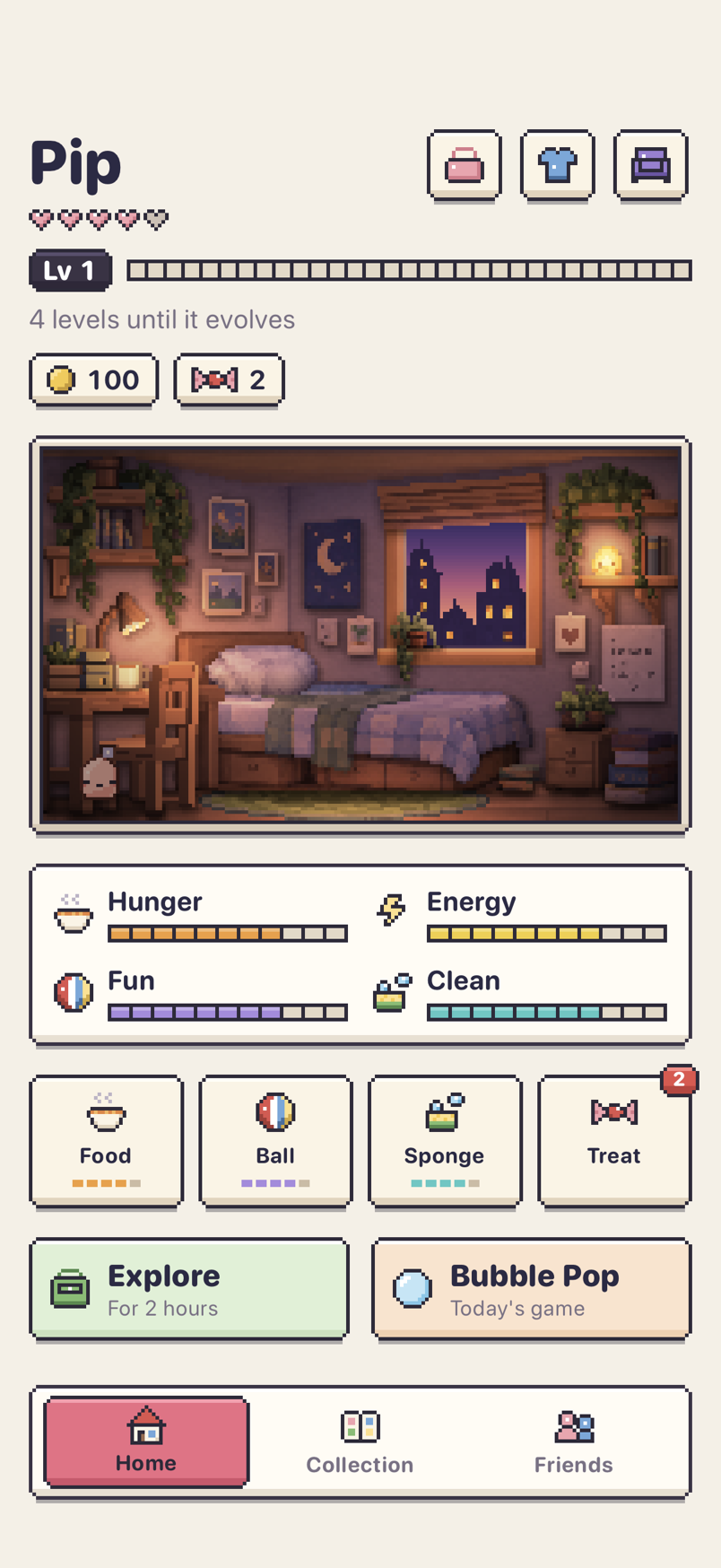 The Home screen: Pip in its room, with meters for hunger, energy, fun and clean, buttons for food, ball, sponge and treats, and Explore and Catch below.