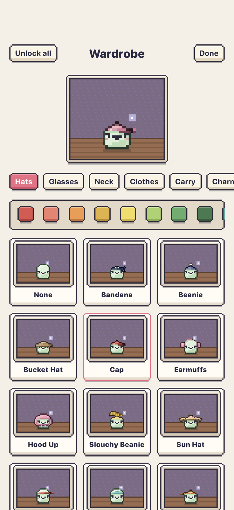 The wardrobe: a mint-green Sqwidge in a pink cap, tabs for hats, glasses, neck, clothes and more, a row of colours, and hats to try: a bandana, a beanie, a bucket hat, a cap and earmuffs.