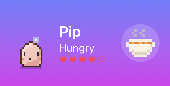 The rectangular Lock Screen widget: Pip, hungry, with four of five hearts and a round Feed button.