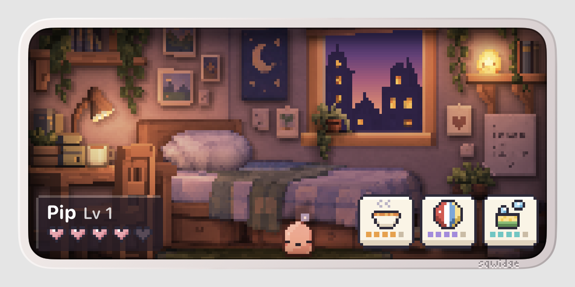 The medium widget: Pip on the rug in its room, its name, level and hearts, and three care buttons: a bowl, a ball and a sponge.